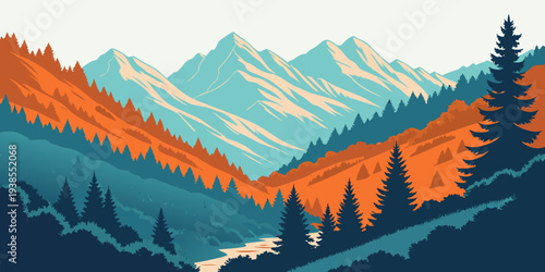 A scenic mountain landscape with trees and a river Vector