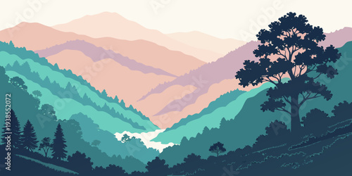 A serene landscape with mountains and a tree Vector
