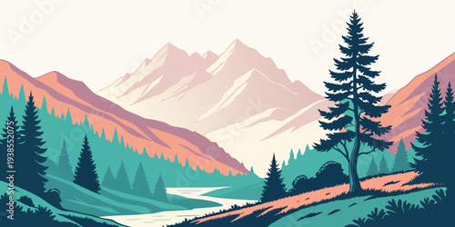 A serene mountain landscape with a river and trees Vector