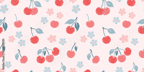 Cherries and Cherry Blossoms Seamless Pattern in Pink and Blue Pastel Colors. Fruit Background. Berries Wallpaper Vector Illustration.