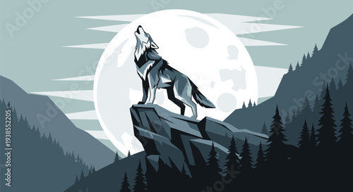 Lone wolf howling at a large full moon on a mountain cliff