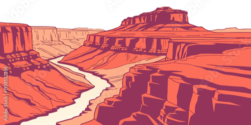 A red and orange pixel art image of a canyon with a river Vector