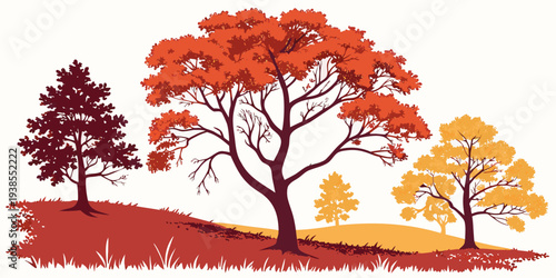 A colorful illustration of trees on a hill during autumn Vector