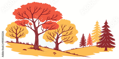 A colorful illustration of trees on a hill during autumn Vector