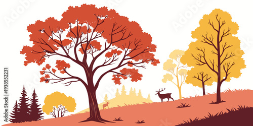 A colorful illustration of trees on a hill during autumn Vector