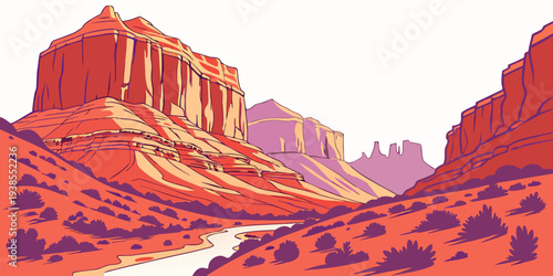 A pixel art image of a desert canyon with a river running through it Vector
