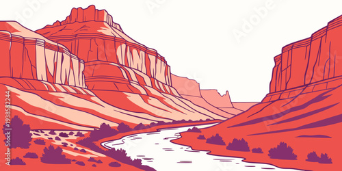 A scenic landscape of a canyon with a river Vector
