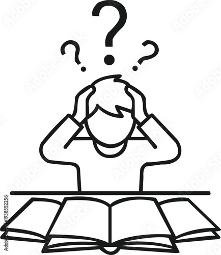 White continuous line drawing of a frustrated learner holding their head while studying