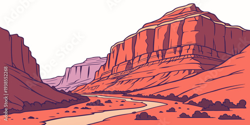 A pixel art landscape of a desert canyon with mountains Vector