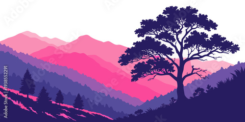 A pixel art landscape with a tree on a hill at sunset Vector