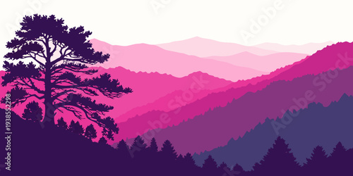 A serene mountain landscape at sunset with a tree in the foreground Vector