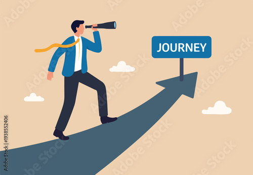 Start new journey, visionary for career development or project milestones, challenge or visionary, begin new job or journey to success concept, businessman look through telescope to see work journey