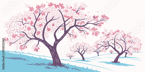 A serene landscape with blooming cherry blossom trees Vector
