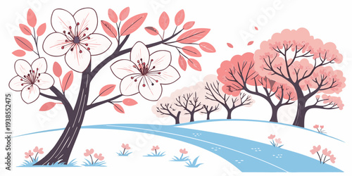 A serene winter landscape with blooming trees Vector