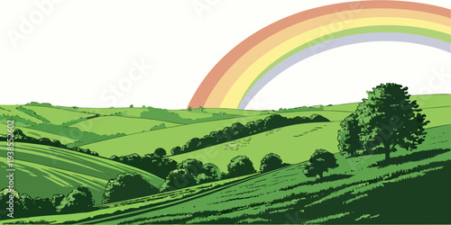A pixelated landscape with a rainbow in the sky Vector