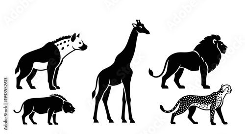 African Safari Animals Silhouettes Set: Hyena, Giraffe, Lion, Wildebeest, Cheetah Icons