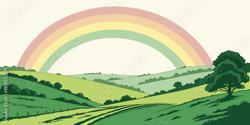 A pixelated rainbow over a green landscape Vector