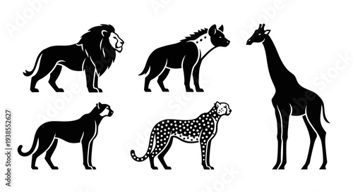 African Safari Animals Silhouettes Set: Lion, Hyena, Giraffe, Leopard, Cheetah Icons