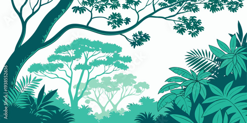 A serene forest landscape with various trees and foliage in different shades of green Vector
