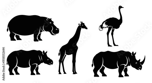 African Safari Animals Silhouettes Set Isolated on White Background