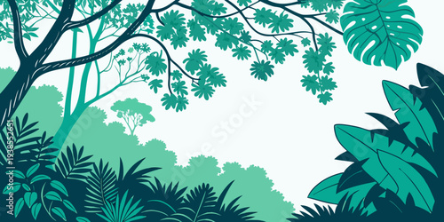 A serene jungle scene with lush greenery and trees Vector
