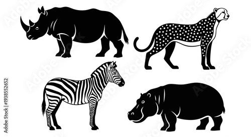 African Safari Animals Silhouettes Set: Rhinoceros, Cheetah, Zebra, Hippopotamus Vector Icons