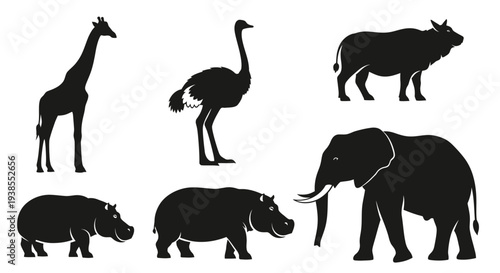 African Safari Animals Silhouettes Set: Wildlife Icons - Giraffe, Ostrich, Hippo, Elephant