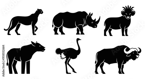 African Safari Animals Silhouettes Set. Wild Mammals and Ostrich Vector Icons.
