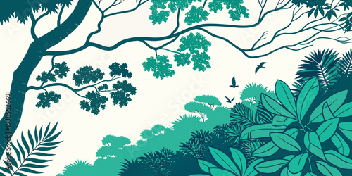 A green forest scene with trees and foliage Vector