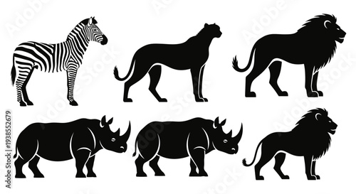African Safari Wild Animals Silhouettes Set: Zebra, Lion, Cheetah, Rhinoceros Collection