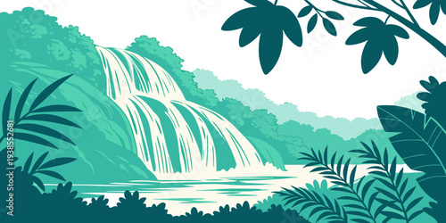 A serene jungle scene with a waterfall and lush greenery Vector