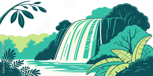 A serene waterfall surrounded by lush greenery and tropical plants Vector