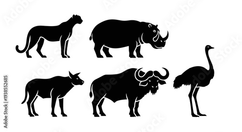 African Safari Wildlife Silhouettes Collection: Rhino, Ostrich, Buffalo, Wildebeest, Big Cat