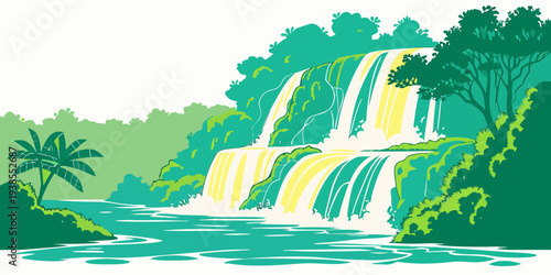 A serene waterfall surrounded by lush greenery and palm trees Vector