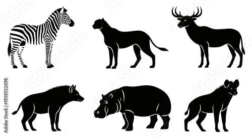 African Wild Animals Silhouettes Set - Vector Graphic Icons Collection