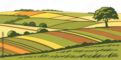 A colorful landscape of fields and a tree Vector