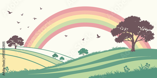 A colorful rainbow stretches over a green landscape Vector