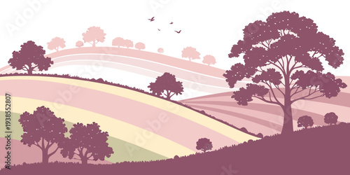 A serene landscape with rolling hills and trees Vector