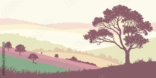 A serene landscape with a tree on a hill Vector
