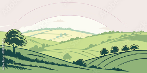 A serene landscape with rolling hills and a tree Vector