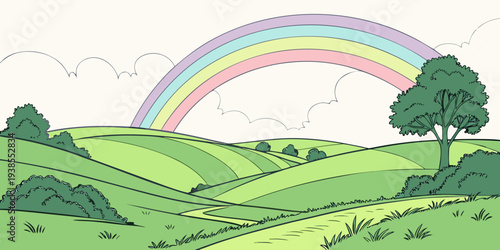 A colorful rainbow stretches across a green landscape Vector