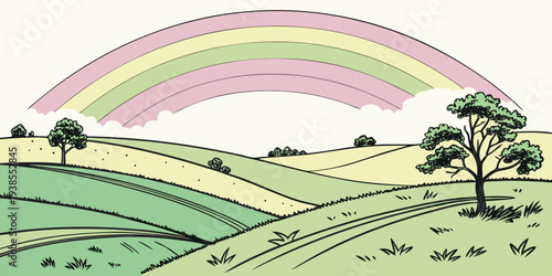 A colorful rainbow stretching over rolling green hills Vector