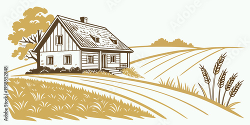 A house on a rural landscape with fields and trees Vector