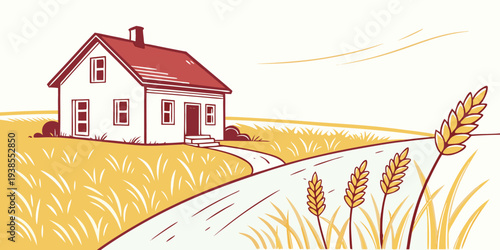 A house on a rural landscape with a red roof Vector