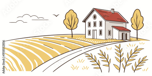 A house on a farm with a field and trees Vector