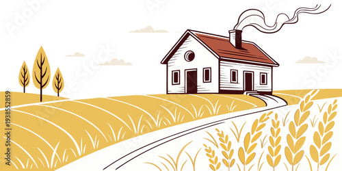 A house in a rural setting with a field and trees Vector
