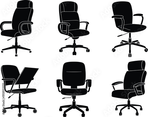 Office chair silhouettes, ergonomic seating icons, wheeled chairs, adjustable backrest, armrest design, workspace furniture, black vector set, modern seats