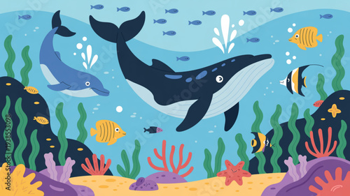 Whales and fish swim in a vibrant underwater ocean scene with coral reef and seaweed marine life illustration