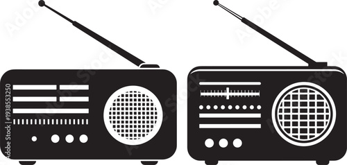 Vintage Radio Receiver Icon: Classic Retro Device with Antenna and Speaker, Symbolizing Broadcast, Nostalgia, and Old Media