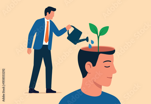 Growth mindset, personal development or improvement, training to believe to success, motivation or coaching, growing attitude concept, man watering on plantation seedling growing from head brain.